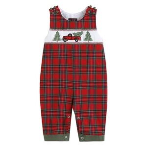 Lil Cactus Smocked Red Truck Christmas Plaid Longall Sz 3/6m